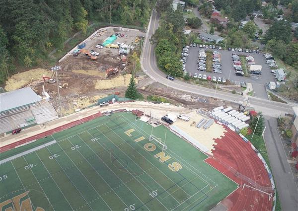 Aerial photo of new parking lot and plaza